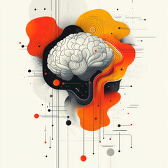 A modern brain illustration in a vector style, featuring abstract lines and shapes, floating on a white canvas,