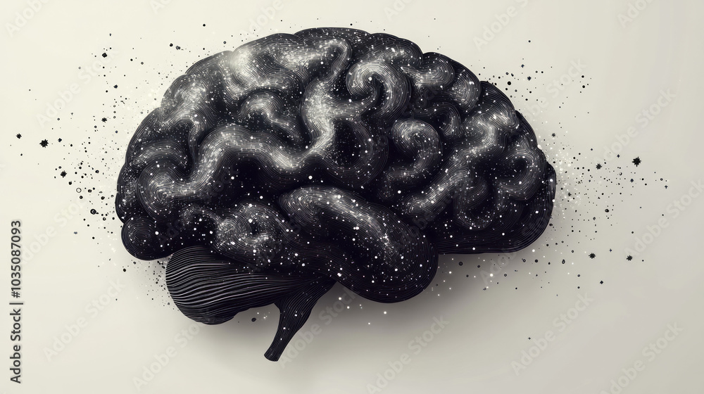 Poster a modern brain vector illustration with intricate details and minimalistic patterns, isolated on a w