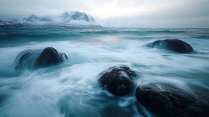 A long exposure photograph capturing the moment of water flowing over rocks at Lofoten Islands in Norway,