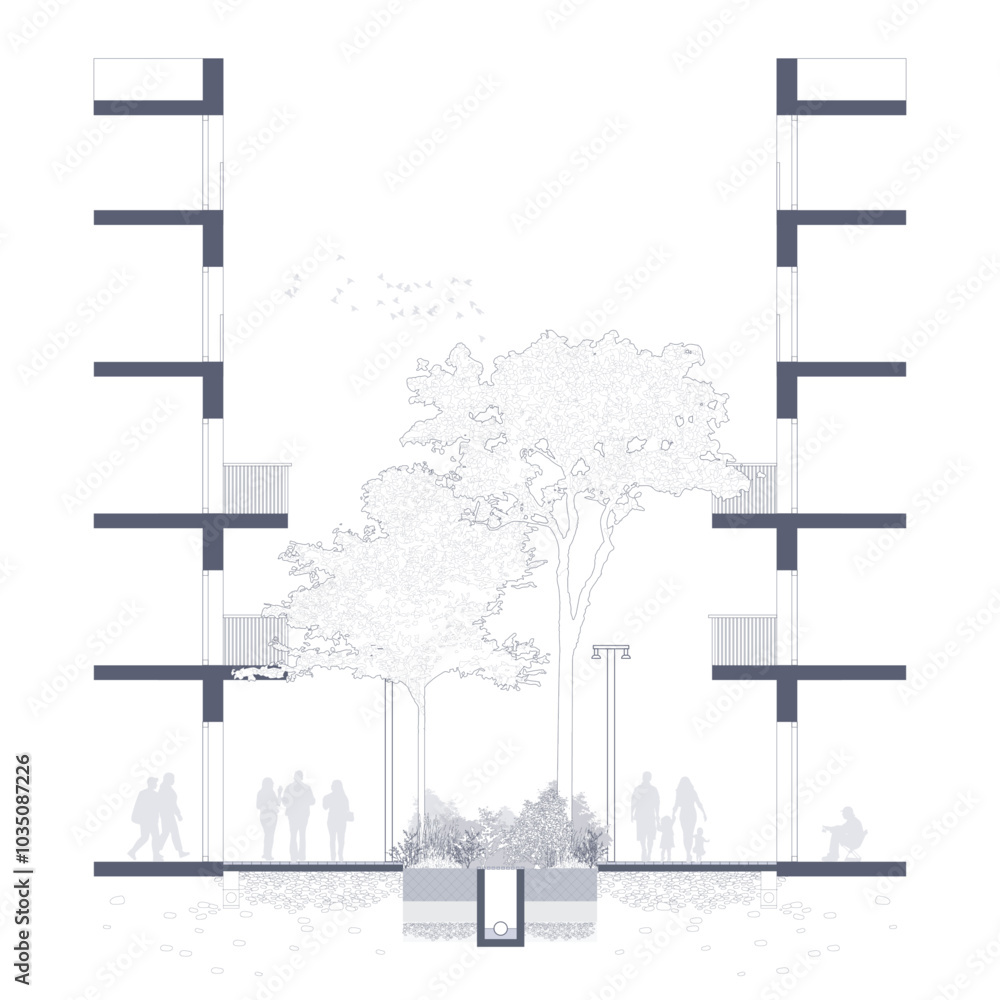 Poster architectural drawings, minimal style cad tree line drawing, side view, set of section city street b
