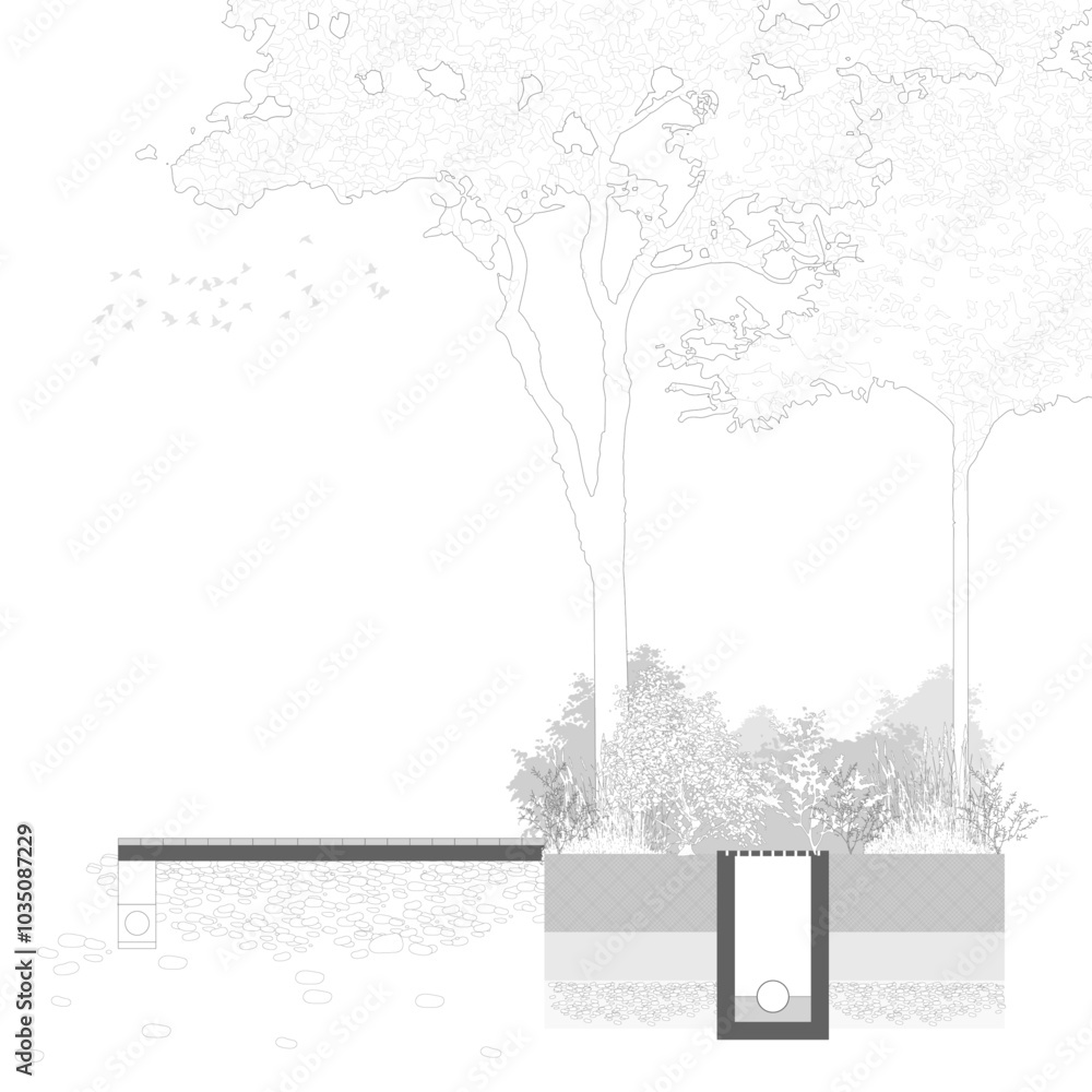 Poster architectural drawings, minimal style cad tree line drawing, side view, set of section city street b