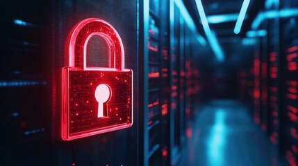 Cybersecurity Server Room with Red Padlock