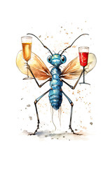 A cartoonish insect is holding three balloons in its mouth.