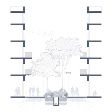Architectural Drawings, Minimal style cad tree line drawing, Side view, set of section city 
street building outline for landscape design drawing. Vector illustration in seperate element