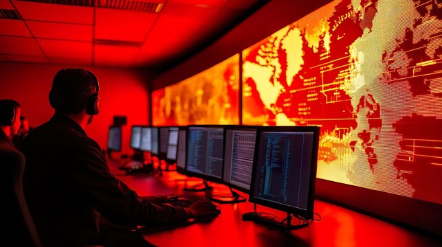 A military command center monitoring cyber-warfare threats in real-time, as hackers attempt to breach secure government networks