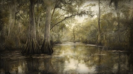 Serene and picturesque landscape featuring a tranquil river winding through a dense lush forest  The calm waterway reflects the surrounding foliage creating a peaceful and harmonious scene