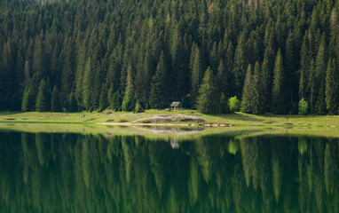Medjed (Bear) Peak reflected in Black Lake (Crno jezero) Durmitor National Park, Zabljak, Montenegro