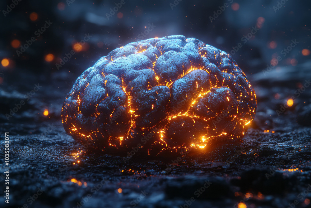 Poster a futuristic 3d rendering of a brain with metallic textures, glowing softly on a dark background,
