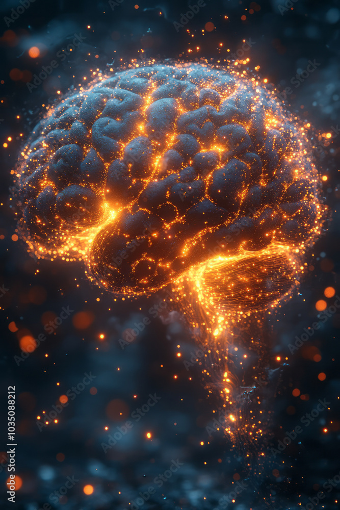 Poster a highly detailed 3d model of a brain with glowing edges, floating against a dark, abstract backgrou