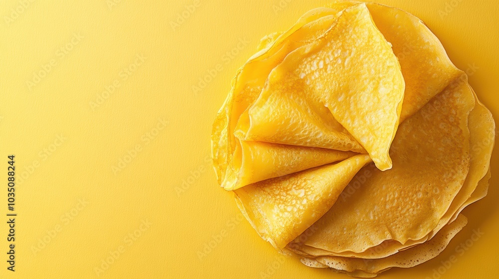 Poster A delightful stack of golden crepes is arranged neatly, showcasing their soft texture and vibrant color, ideal for various fillings or toppings. Generative AI