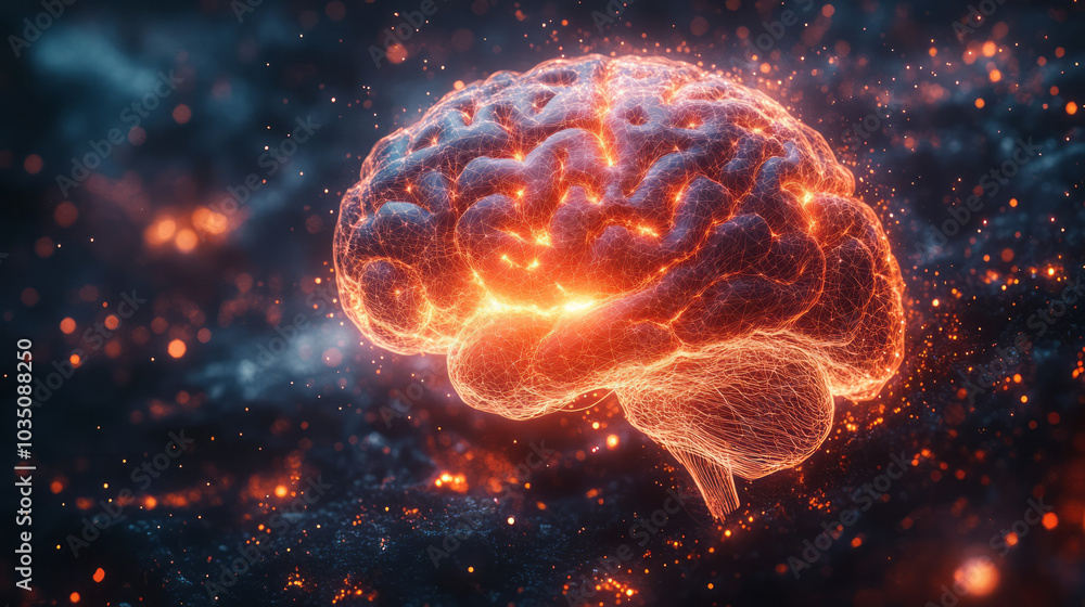 Poster a complex 3d rendering of a brain, with wireframe details and glowing parts, isolated on a dark matt