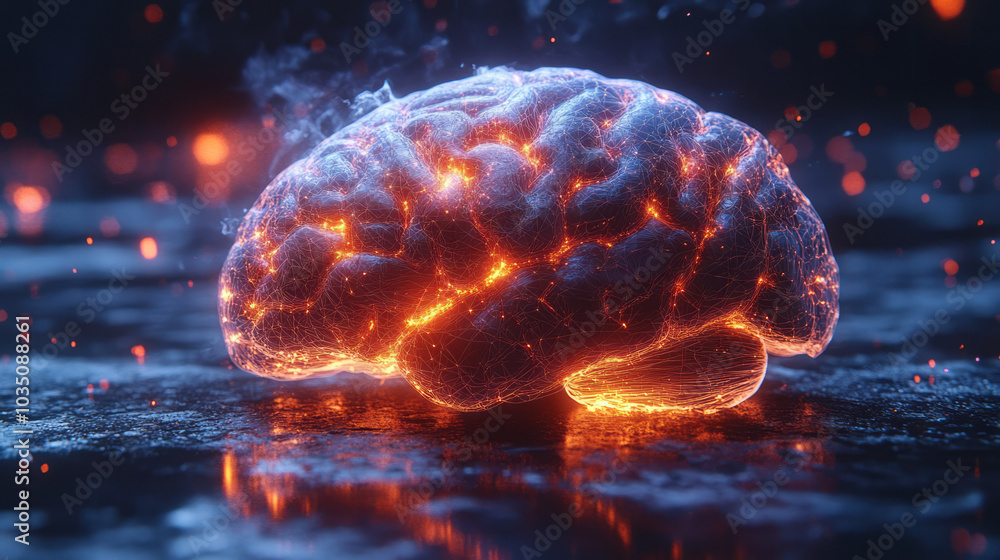 Poster a complex 3d rendering of a brain, with wireframe details and glowing parts, isolated on a dark matt