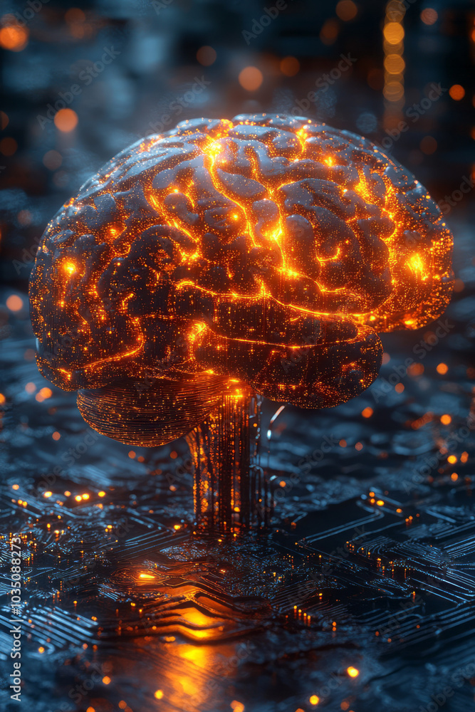 Poster a 3d-rendered brain with transparent textures and glowing internal structures, floating on a dark, d