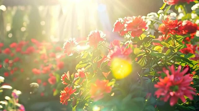 Sunlit garden with vibrant geraniums and begonias, Video