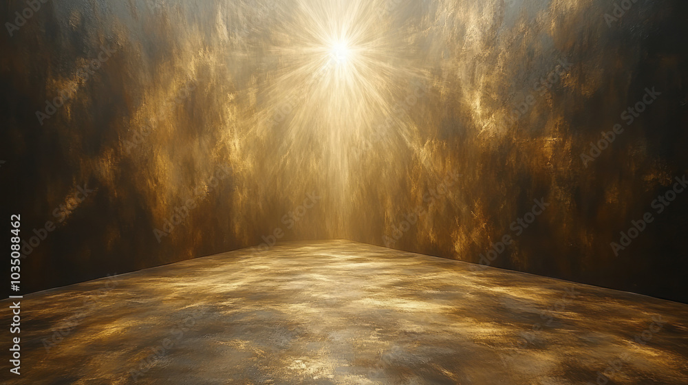 Poster abstract light beams radiating outward from a central point, creating a luminous starburst pattern, 
