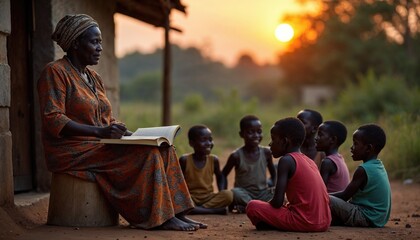 African woman in an African village teaching children outdoors during sunset