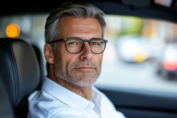 Confident mature man with glasses sitting in car, serious expression, grey hair, stylish, professional look, automotive setting concept