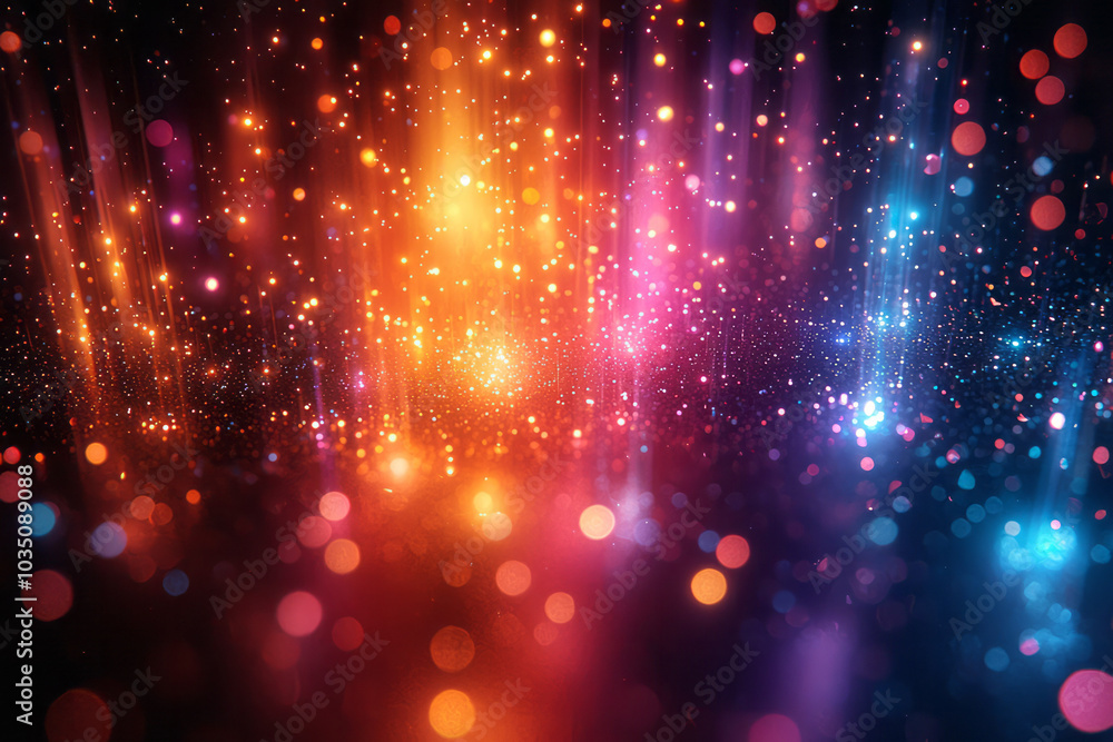 Poster a vibrant burst of colorful light particles radiating in abstract space, creating a glowing cosmic e