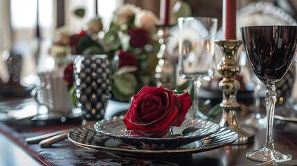 A table with a rich theme and a chic false rose in a nice vessel being affluence
