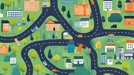 Illustrated map of a city with roads, cars, and landmarks