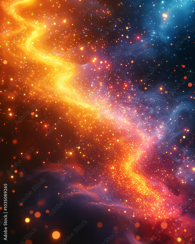 Poster a dazzling explosion of multicolored light particles spreading through abstract space, glowing with 