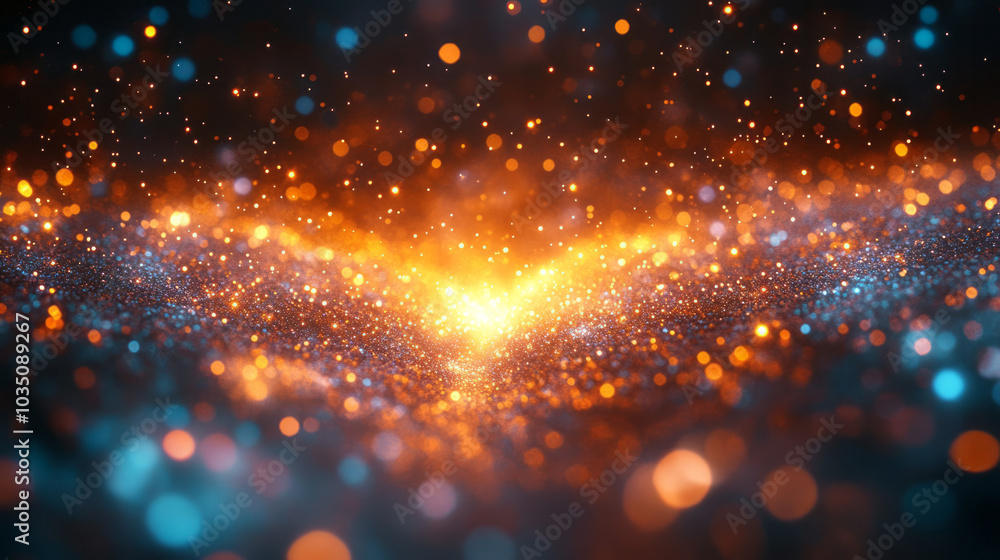 Poster colorful light particles radiating from a central point, creating a glowing burst in a vast abstract