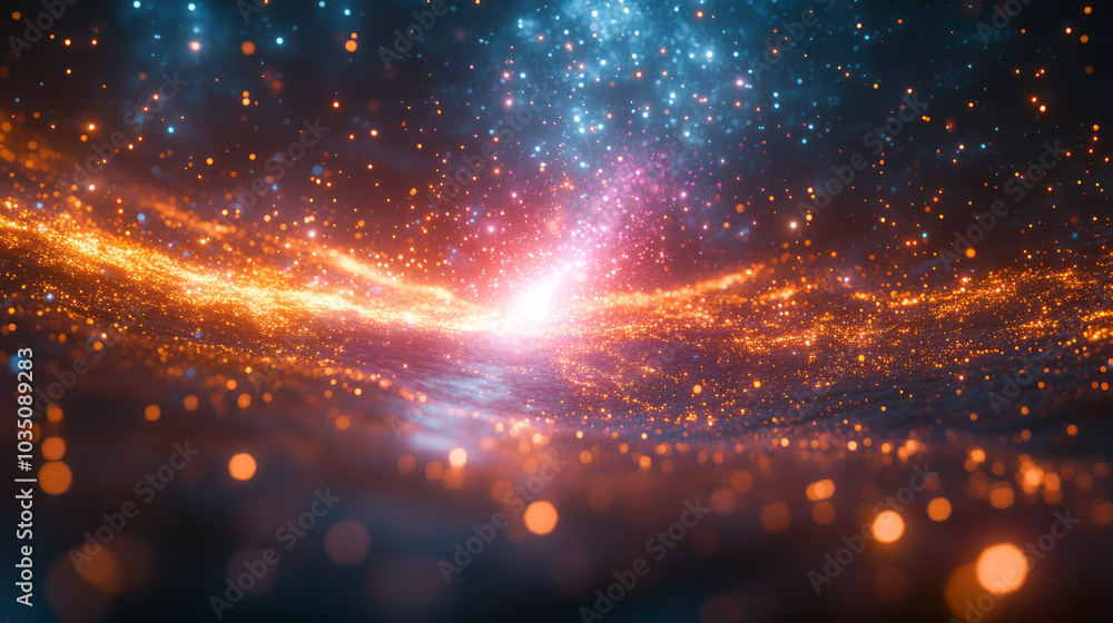 Poster colorful light particles radiating from a central point, creating a glowing burst in a vast abstract
