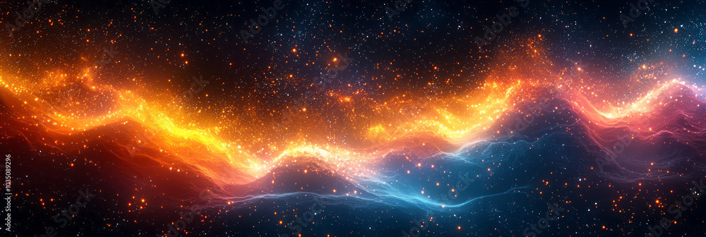 Poster an abstract space filled with glowing light particles bursting in colorful waves, creating a radiant