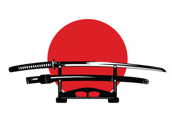 traditional japanese katana blade put on special stand for display against red sun circle - unsheathed samurai sword with scabbard vector design