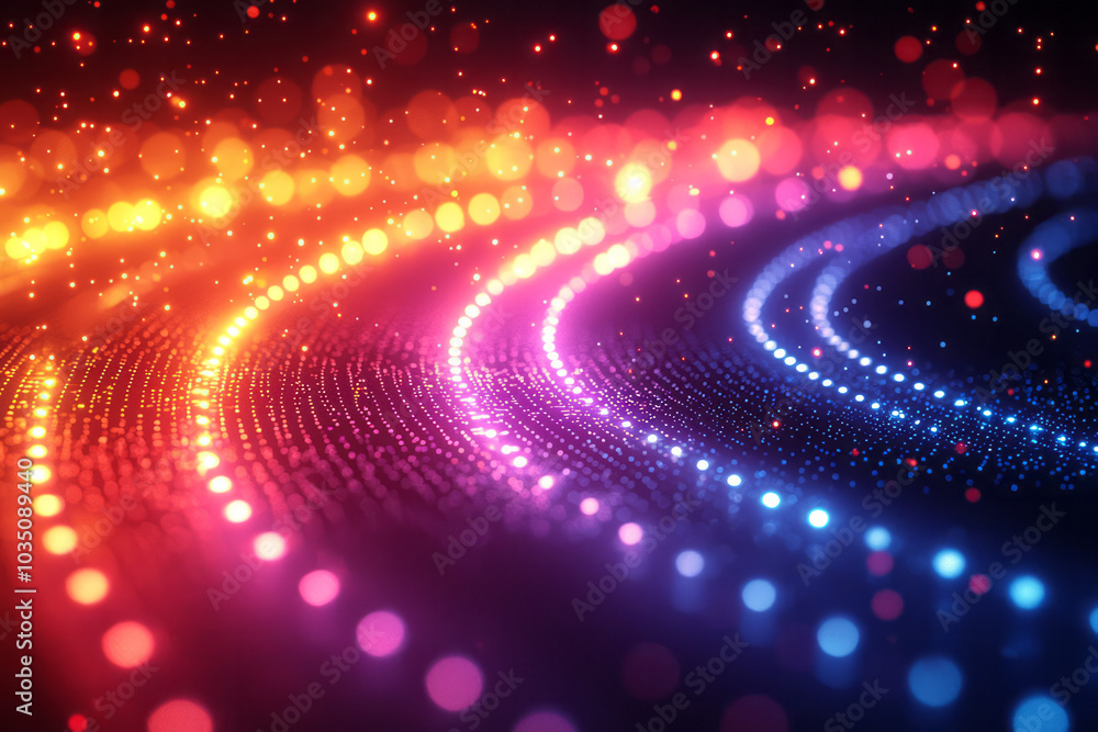 Poster a vibrant digital pixel pattern with glowing circular gradients, creating a radiant, abstract design