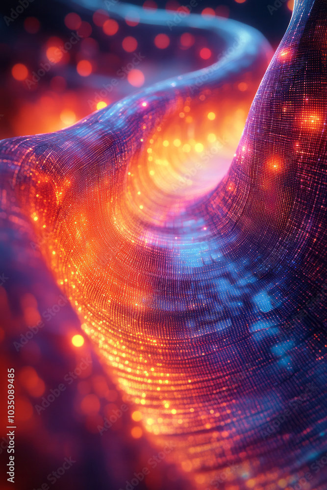 Poster colorful pixels arranged in a radiant circular gradient, forming a dynamic digital pattern,