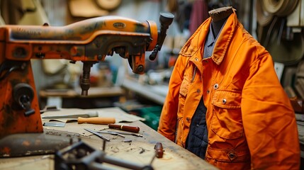 A tabletop orange jacket with manually crafting a cheerful day of labor task