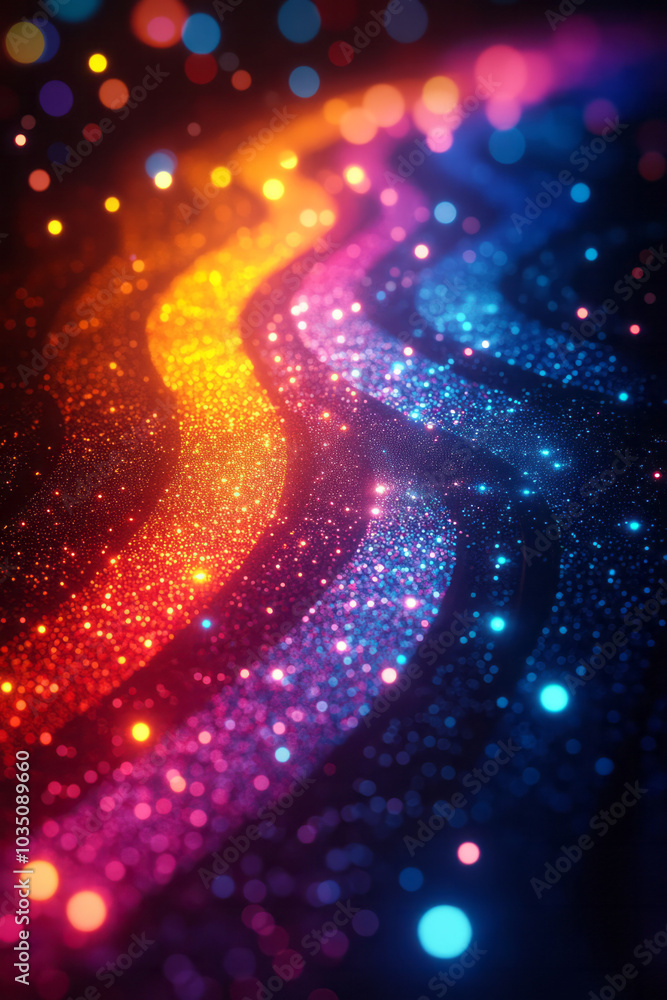 Poster a futuristic pixel pattern with vibrant colors and radiant circular gradients, creating a dynamic di
