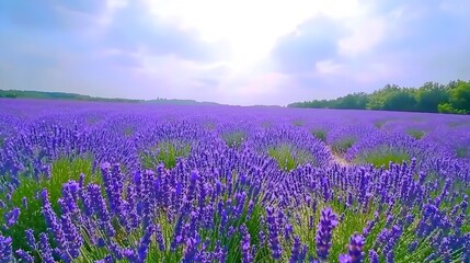 Naklejka premium Peaceful and Serene Lavender Fields Covering a Picturesque Hillside Under a Clear Blue Sky Tranquil Pastoral Landscape in the Countryside