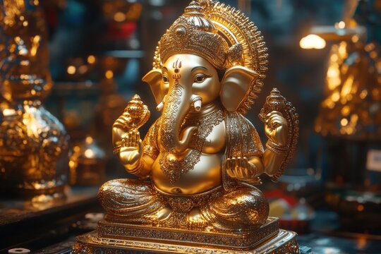 Lord Ganapati Sculpture: Dagdusheth Idol Adorned in Golden Jewelry and Decor for Indian Tradition and Celebration