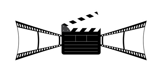 Clapper board, 35mm retro film reel 3d vector graphic isolated on white. 3d filmstrip frames movie production icon illustration to use for motion picture, television, cinema, film project.