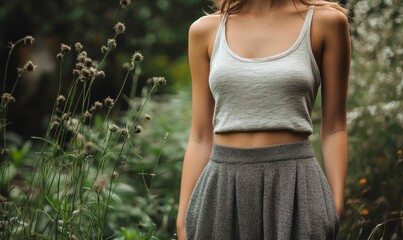 Woman wearing gray tank top and sparkly skirt.
