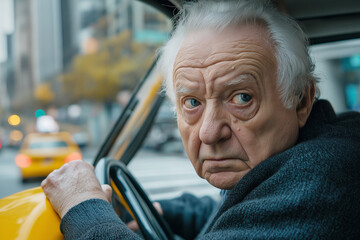 Elderly taxi driver with serious expression, urban background, day time, yellow cab, street scene...