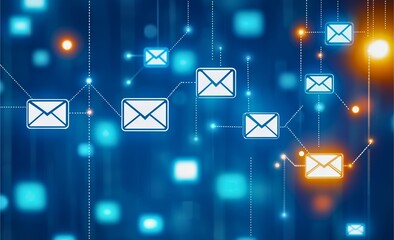 A digital representation of an interconnected email network featuring glowing envelope icons and connecting lines, symbolizing communication and information exchange.