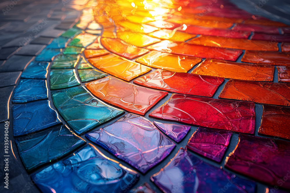 Poster colorful glass tiles arranged in a pixel pattern with smooth circular gradients, reflecting light an