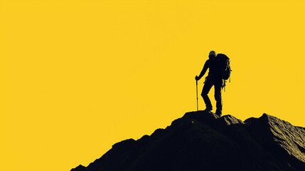 A silhouette of a hiker climbing a steep mountain, against a solid yellow background. v4