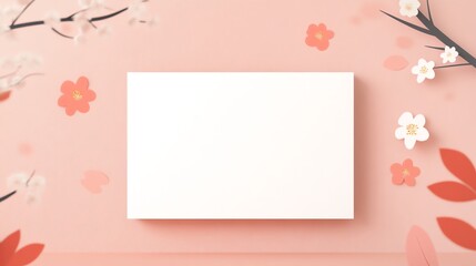 Blank card on pink floral background, ideal for invitations, announcements, or spring-themed designs.