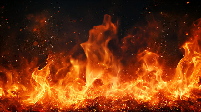 Fire, flames on a black background, burning hot, sparks flying, an orange-red glow, flames, sparks, sparkles
