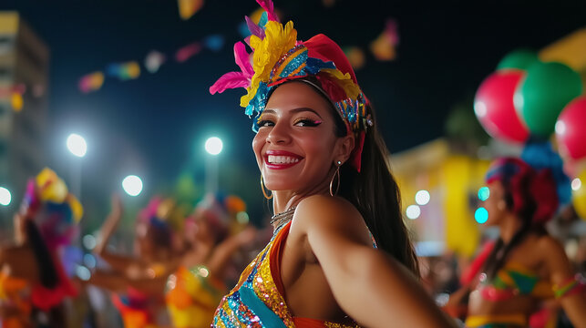 The lively parade of Feria de Cali in the streets of the city, salsa dancers wearing colorful glittering costumes, they dance energetically to the tropical music of a large orchestra Ai generated imag