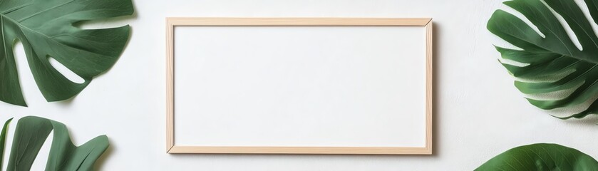 Obraz premium Minimalist mockup with a blank wooden frame surrounded by tropical leaves on a white background, perfect for design presentations and layouts.