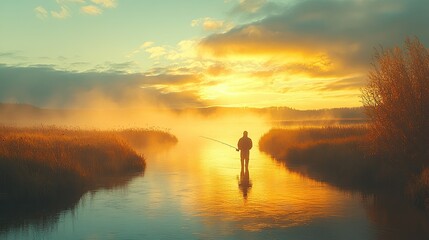 Man fly fishing in a river, surrounded by a peaceful landscape