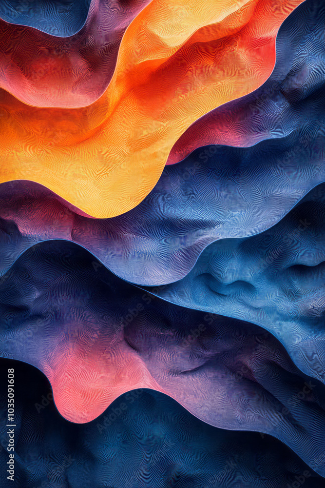 Poster a fluid geometric pattern of blue and orange wavy lines, intertwining in a smooth, abstract flow,
