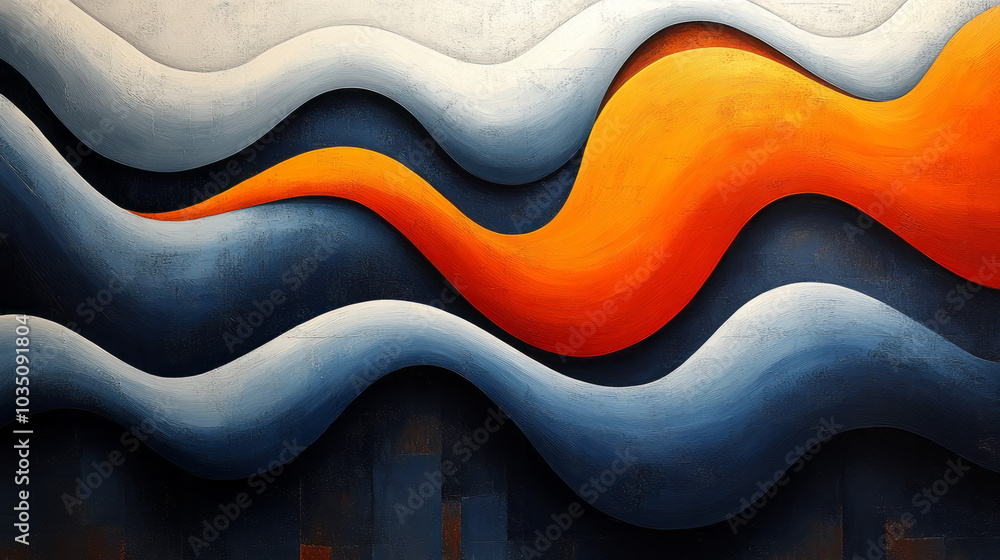 Poster abstract blue and orange wavy lines weaving through a geometric pattern, creating a sense of fluid m