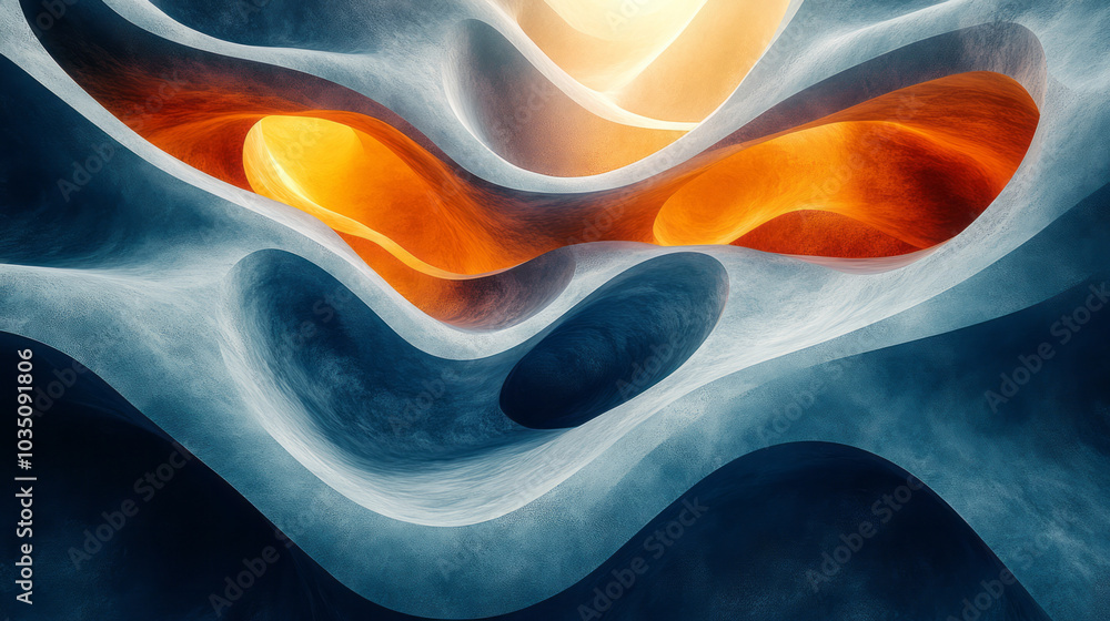 Poster abstract blue and orange wavy lines weaving through a geometric pattern, creating a sense of fluid m