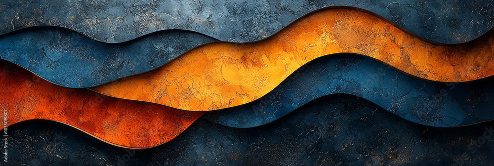 Poster curved blue and orange lines forming a flowing geometric pattern, creating a harmonious abstract des